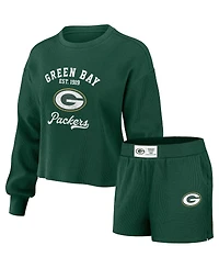 Women's Wear by Erin Andrews Green Distressed Green Green Bay Packers Waffle Knit Long Sleeve T-shirt and Shorts Lounge Set