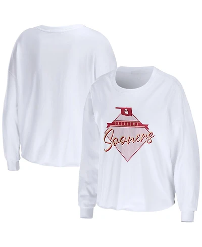 Women's Wear by Erin Andrews White Oklahoma Sooners Diamond Long Sleeve Cropped T-shirt