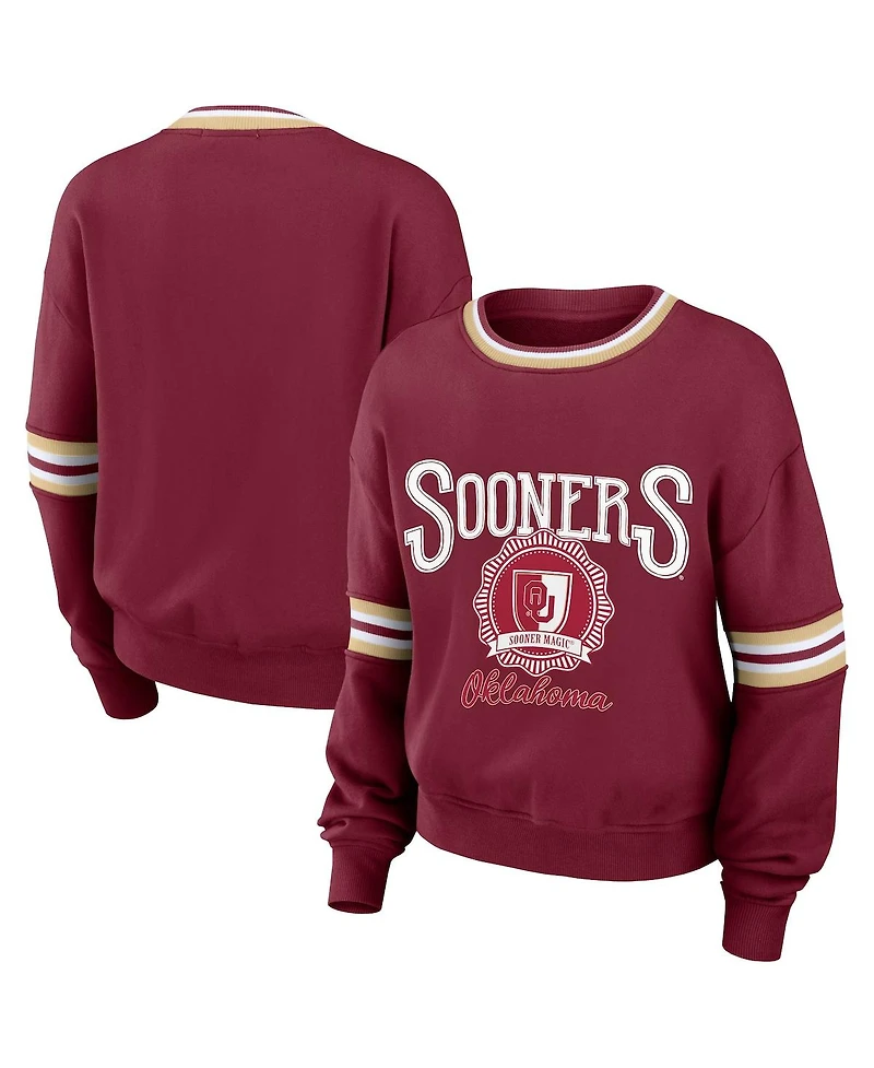 Women's Wear by Erin Andrews Crimson Distressed Oklahoma Sooners Vintage-Like Pullover Sweatshirt