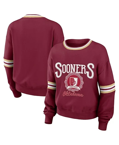 Women's Wear by Erin Andrews Crimson Distressed Oklahoma Sooners Vintage-Like Pullover Sweatshirt