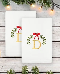 Linum Home Christmas Mistletoe Monogram White Embroidered Luxury Turkish Cotton Hand Towels, 2 Piece Set