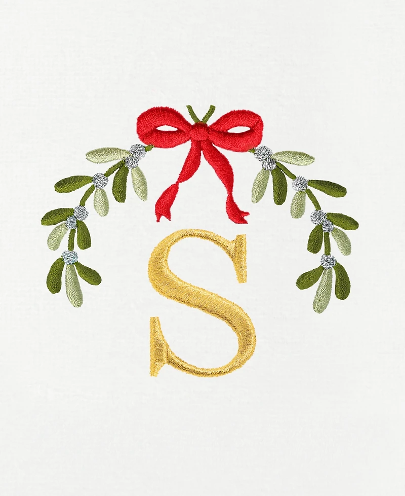 Linum Home Christmas Mistletoe Monogram White Embroidered Luxury Turkish Cotton Hand Towels, 2 Piece Set