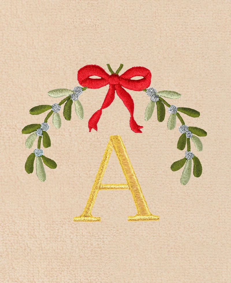 Linum Home Christmas Mistletoe Monogram Beige Embroidered Luxury Turkish Cotton Hand Towels, 2 Piece Set