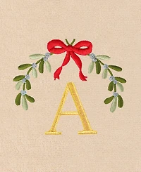 Linum Home Christmas Mistletoe Monogram Beige Embroidered Luxury Turkish Cotton Hand Towels, 2 Piece Set