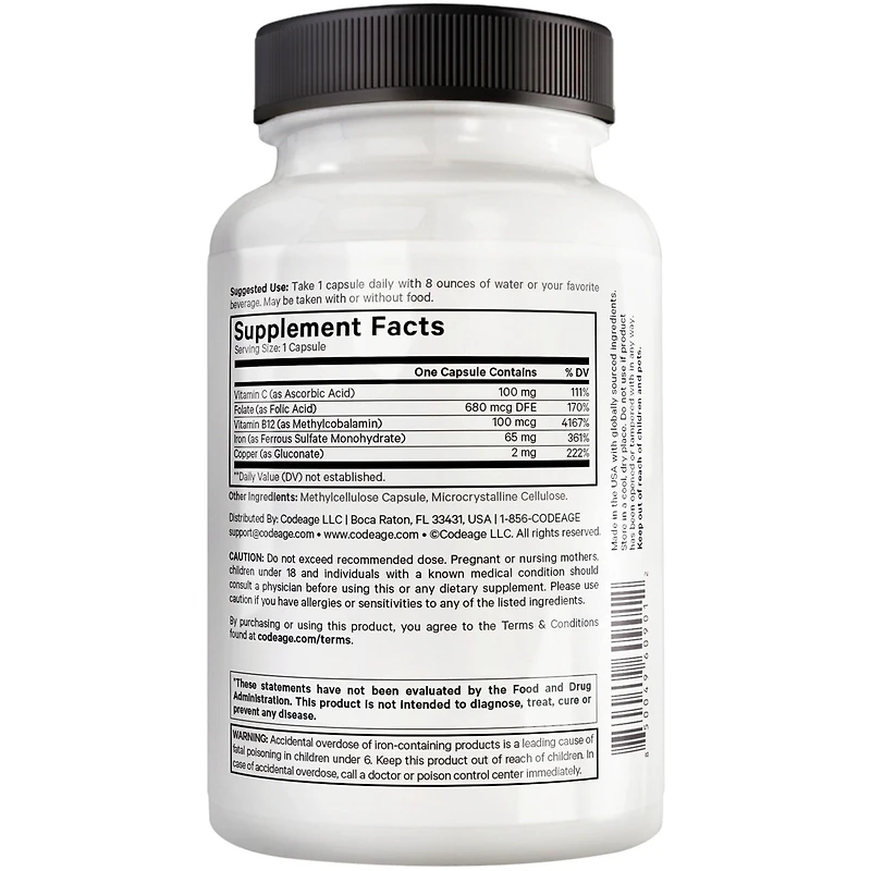 Amen Iron Ultra Supplement + Copper, Folate, Vitamin C and Vitamin B12-2-Month Supply - Ferrous Sulfate Iron Vitamin - Iron 65mg Per Serving