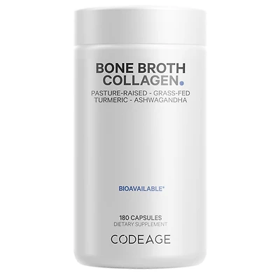 Codeage Organic Bone Broth Collagen Peptides Capsules Supplement, Grass Fed Beef Bone Broth, Free-Range Chicken Bone Broth, Turmeric & Ashwagandha