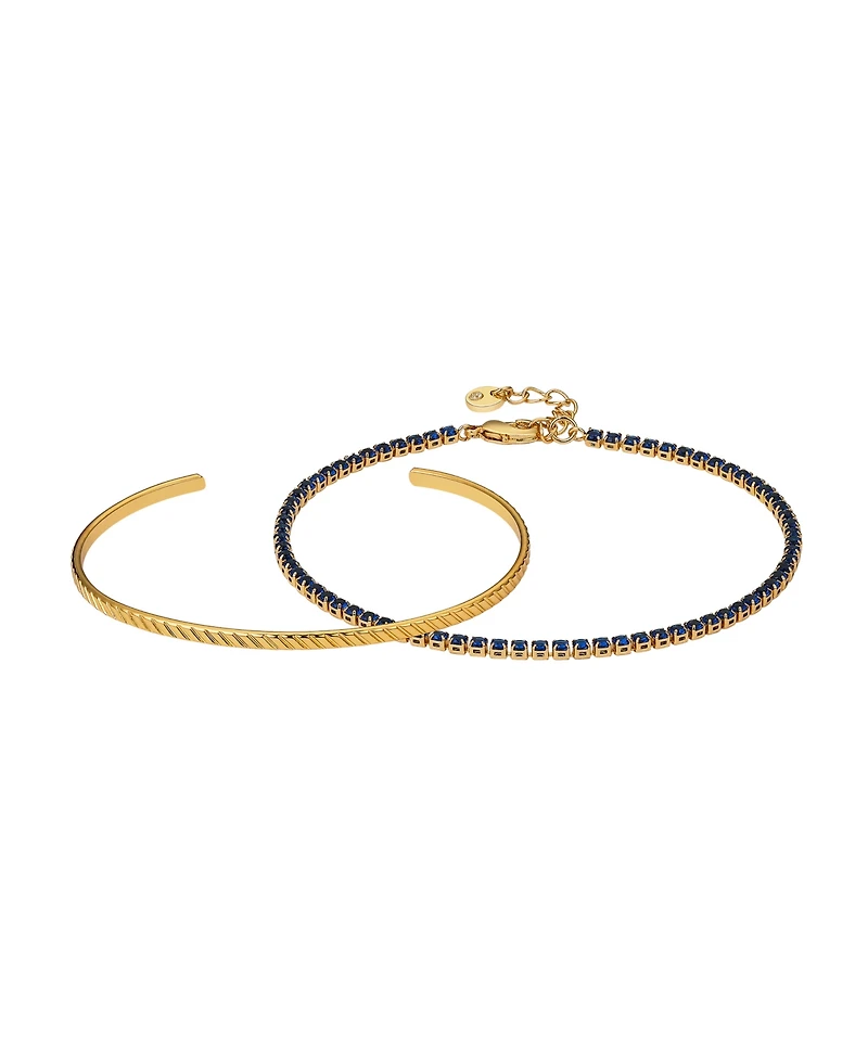 Unwritten Blue Sapphire Cubic Zirconia Tennis and Cuff 2 Piece Bracelet Set