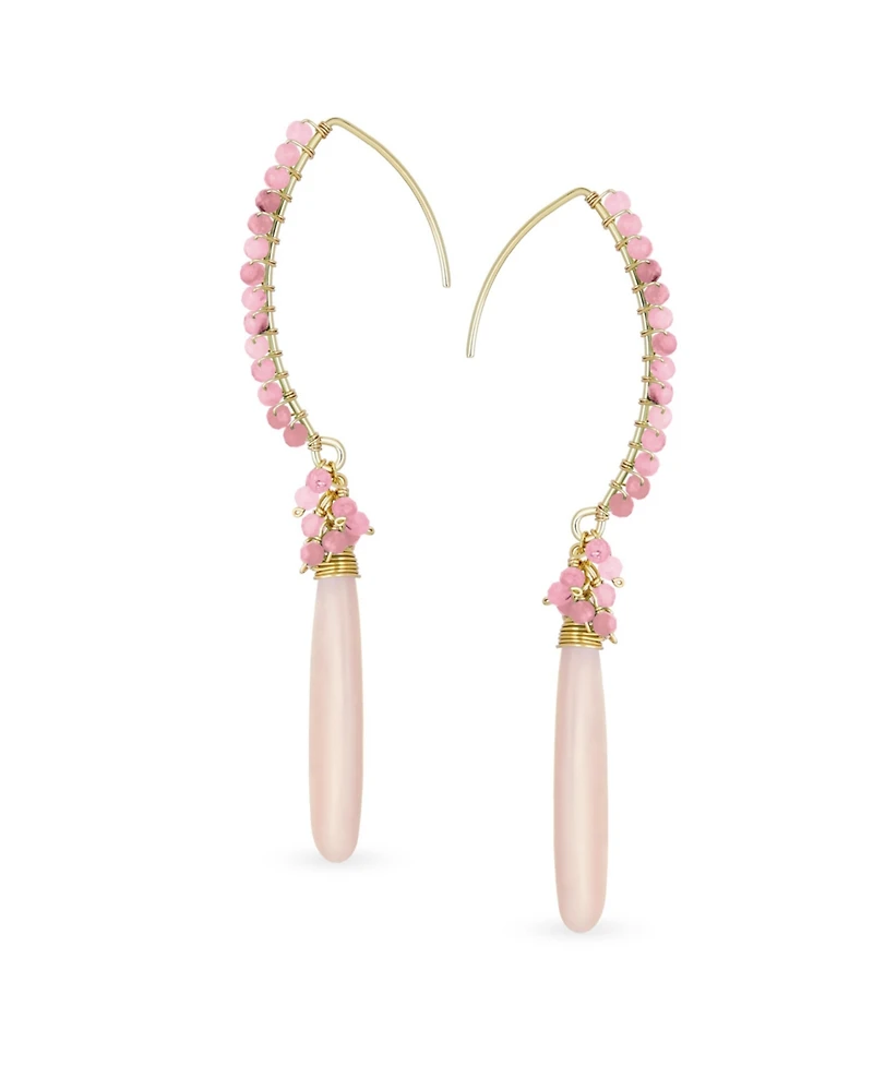 Bling Jewelry Boho Wire Wrap Cluster Bead Accent Linear Elongated Fish Hook Soft Light Pink Natural Tourmaline Long Teardrop Chandelier Dangle Earring