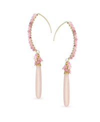 Bling Jewelry Boho Wire Wrap Cluster Bead Accent Linear Elongated Fish Hook Soft Light Pink Natural Tourmaline Long Teardrop Chandelier Dangle Earring