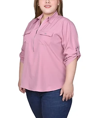 Ny Collection Plus 3/4 Roll Tab Sleeve Zip Front Top