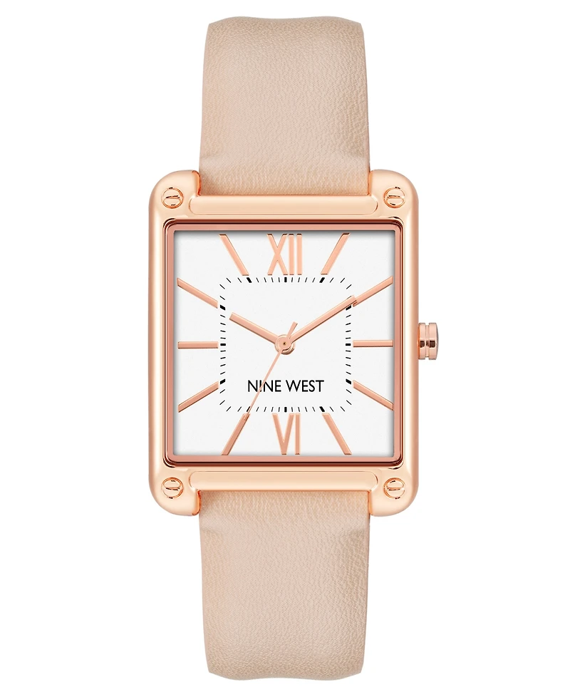 Nine West Women's Quartz Square Light Pink Faux Leather Band Watch, 29mm