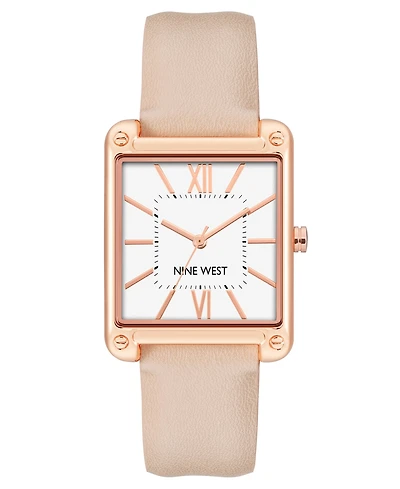 Nine West Women's Quartz Square Light Pink Faux Leather Band Watch, 29mm