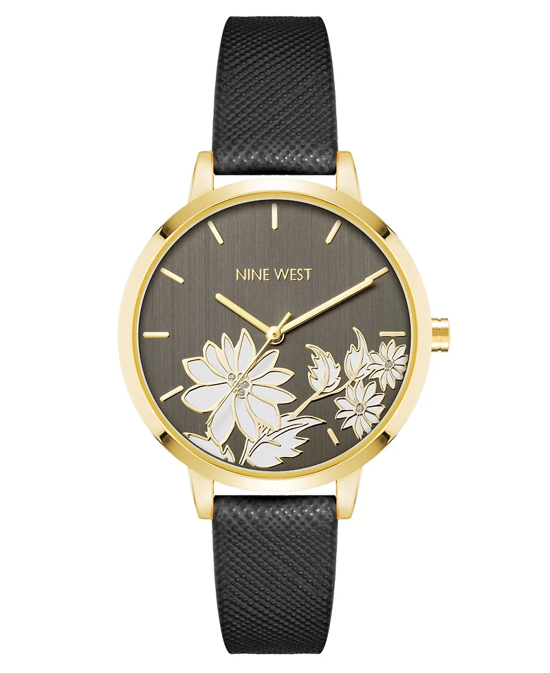 Nine West Woman's Quartz Black Faux Leather Band and Floral Pattern Watch, 36mm
