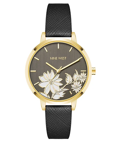 Nine West Woman's Quartz Black Faux Leather Band and Floral Pattern Watch, 36mm