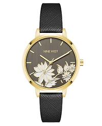 Nine West Woman's Quartz Black Faux Leather Band and Floral Pattern Watch, 36mm