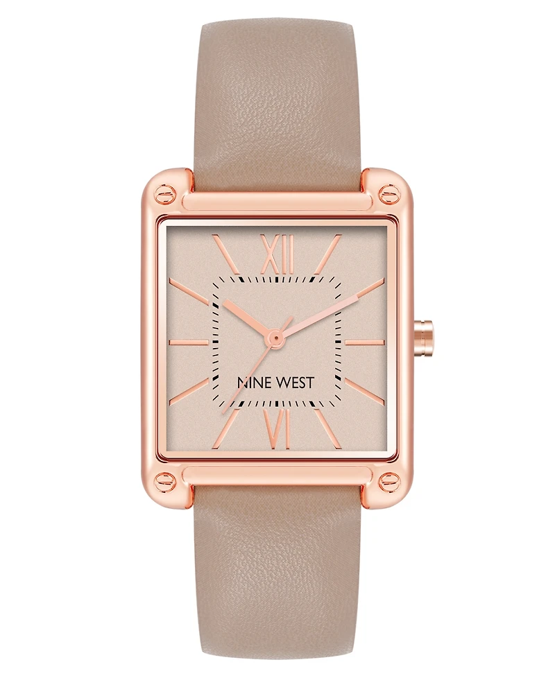 Nine West Women's Quartz Square Taupe Faux Leather Band Watch, 29mm