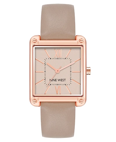 Nine West Women's Quartz Square Taupe Faux Leather Band Watch, 29mm