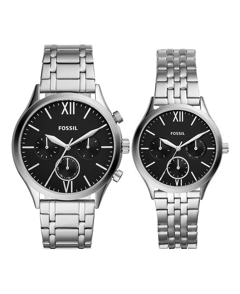 Fossil His and Her Fenmore Multifunction Silver-Tone Stainless Steel Watch Gift Set, 44mm 36mm