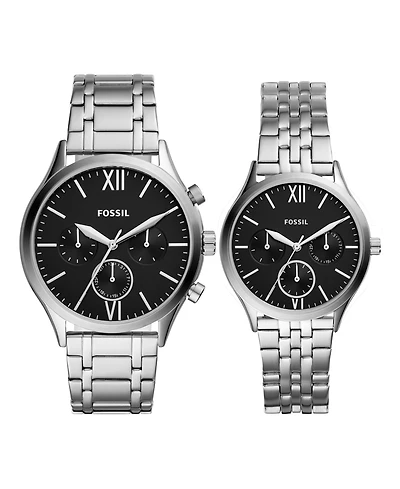 Fossil His and Her Fenmore Multifunction Silver-Tone Stainless Steel Watch Gift Set, 44mm 36mm