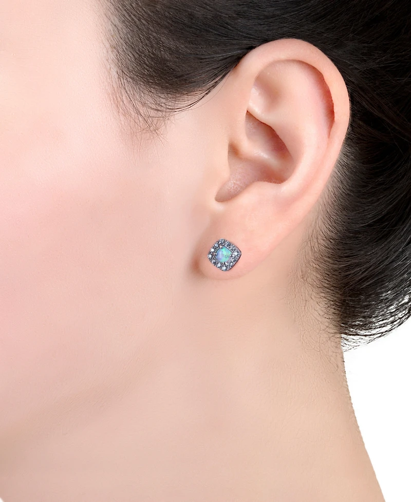 Simulated Opal & Pave Halo Square Stud Earrings in Sterling Silver