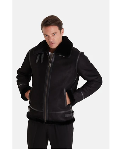 Furniq Uk Men's Shearling Aviator Jacket, Washed Black with Black Wool