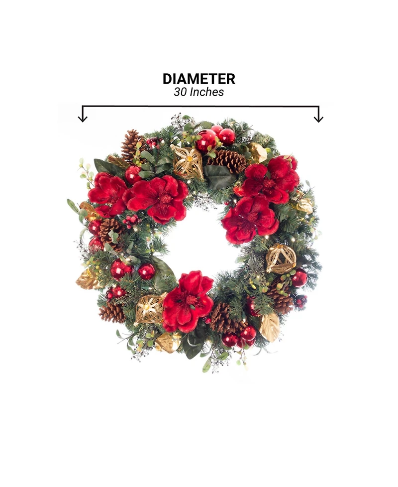 Village Lighting 30" Lighted Christmas Wreath, Red Magnolia