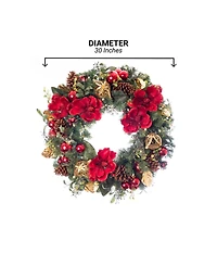 Village Lighting 30" Lighted Christmas Wreath, Red Magnolia