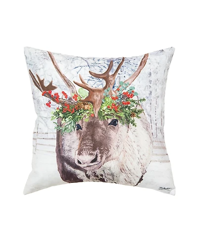 C&F Home 18" x 18" Reindeer Wearing a Red Holly Flower Crown Indoor and Outdoor Throw Pillow