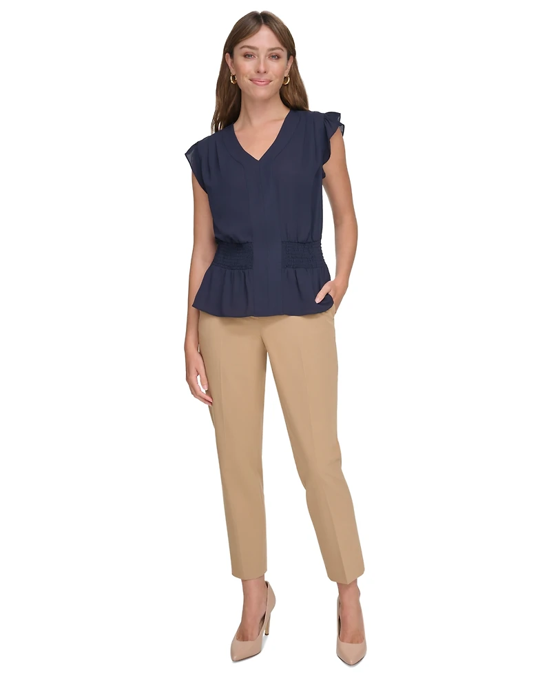Tommy Hilfiger Women's Ruffled Smocked V-Neck Top