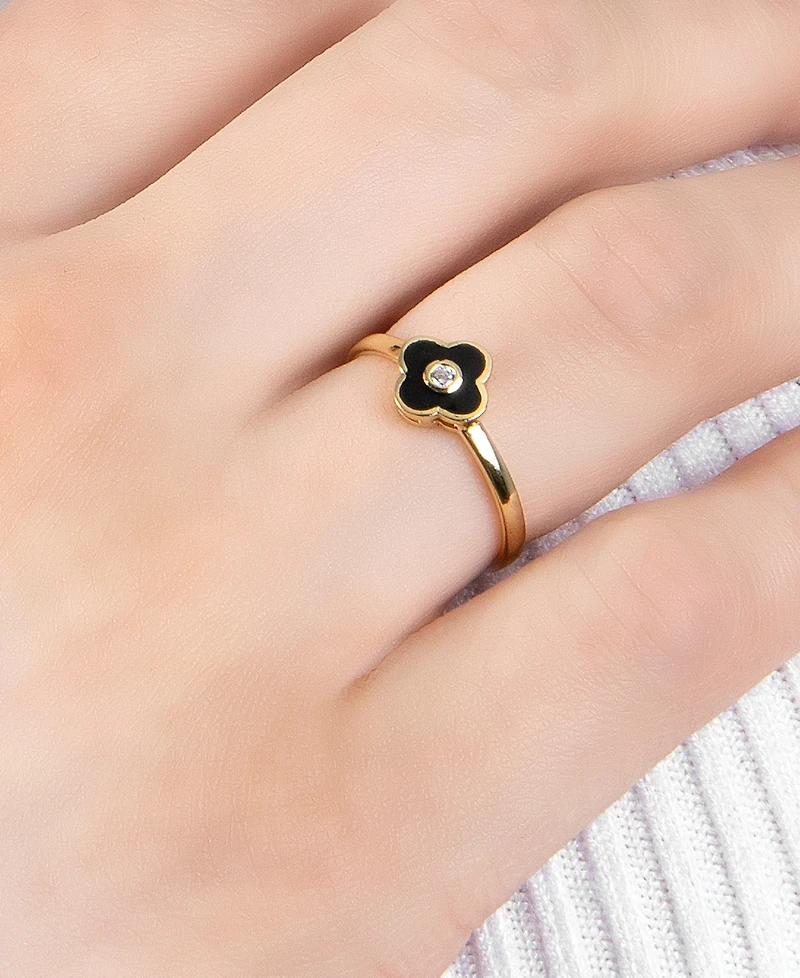 Cubic Zirconia & Black Clay Clover Ring 14k Gold-Plated Sterling Silver