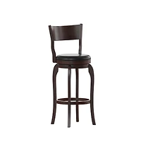 Tally 30" Classic Wooden Open Back Swivel Bar Height Pub Stool With Upholstered Padded Seat And Integrated Footrest