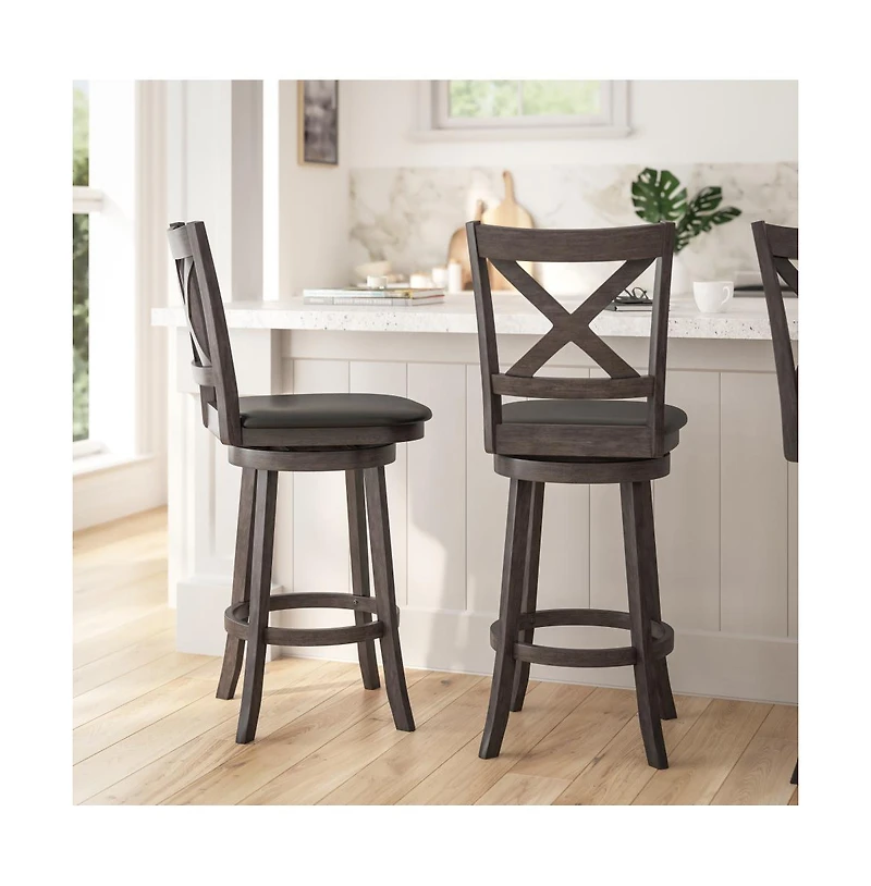Sora Classic Wooden Crossback Swivel Bar Height Pub Stool With Upholstered Padded Seat And Integrated Footrest