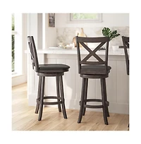 Sora Classic Wooden Crossback Swivel Bar Height Pub Stool With Upholstered Padded Seat And Integrated Footrest