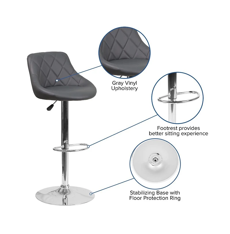 2 Pack Contemporary Vinyl Bucket Seat Adjustable Height Barstool With Diamond Pattern Back And Chrome Base