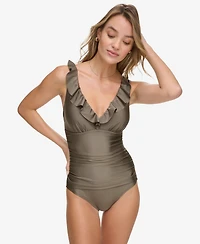 Dkny Ruffle Plunge Underwire Tummy Control One-Piece Swimsuit, Created for Macy's