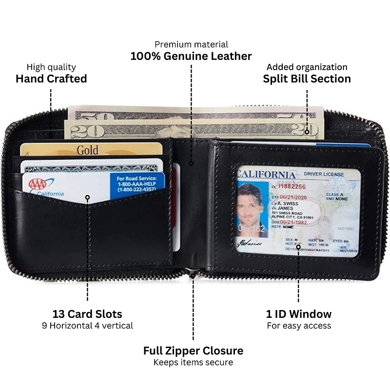 Alpine Swiss Unisex Rfid Safe Zipper Wallet Genuine Leather Zip Around Bifold