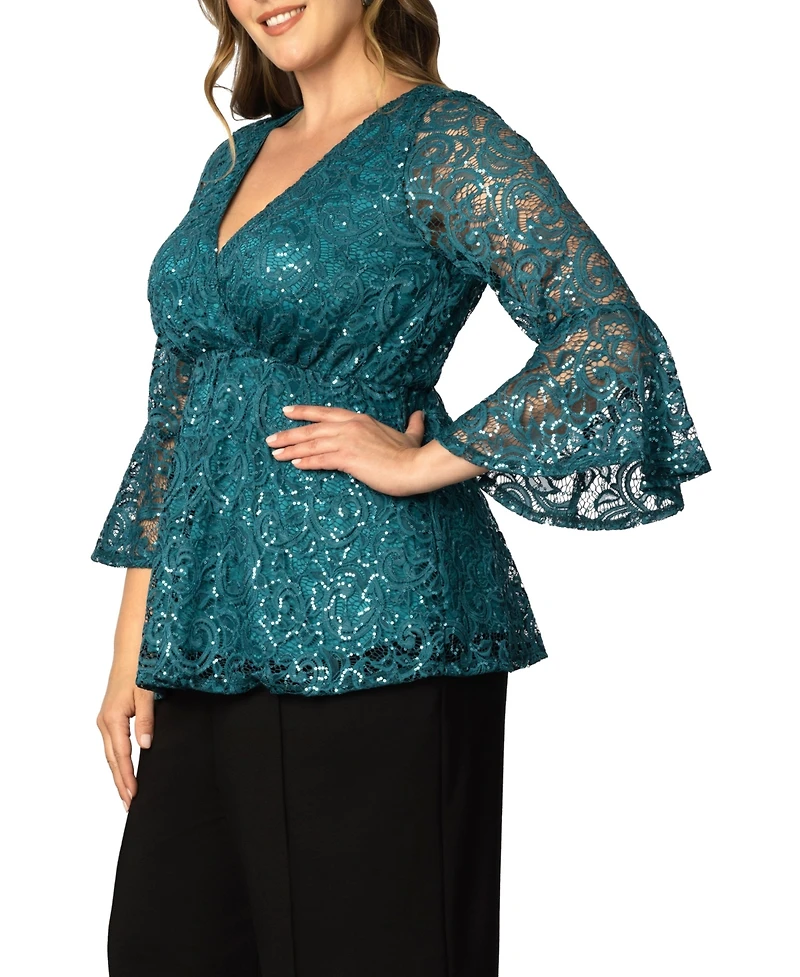 Women's Plus Sequin Sparkle Bell Sleeve Lace Top