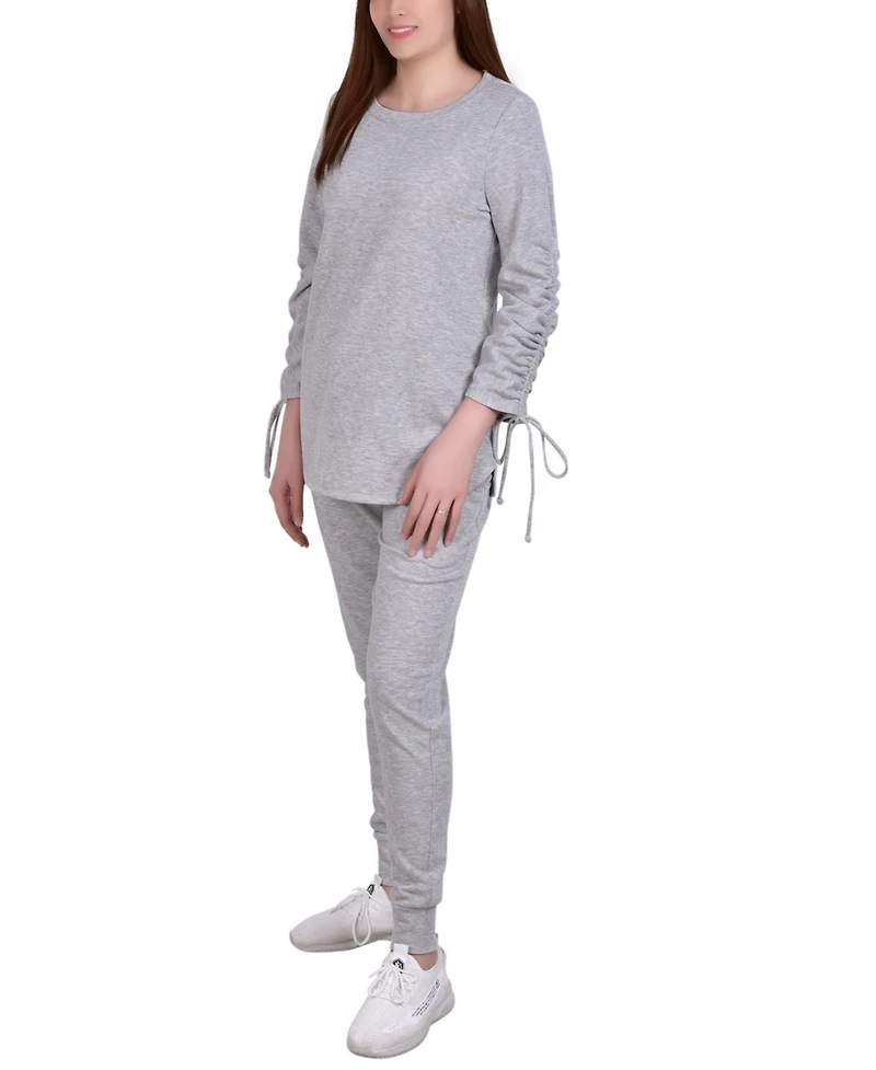 Ny Collection Petite Drawstring Sleeve Top and Jogger Set, 2 Piece