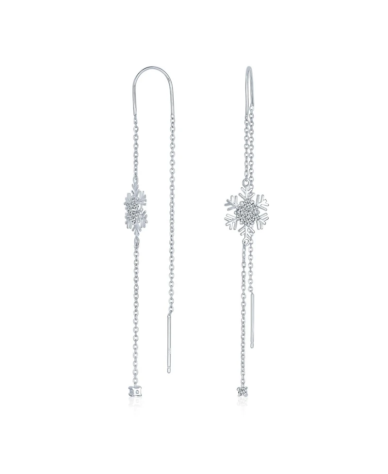 Bling Jewelry Thin Linear Clear Blue Cz Frozen Winter Holiday Party Snowflake Ear Threader Chain Dangle Earrings For Sterling Silver