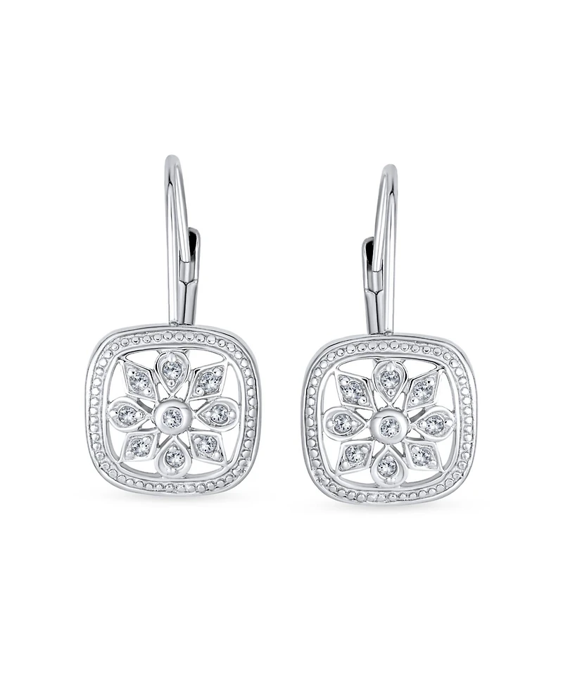 Bling Jewelry Square Art Deco Style Holiday Party Flower Christmas Winter Cubic Zirconia Encrusted Cz Snowflake Drop Lever Back Earrings Sterling Silv