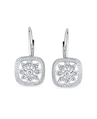 Bling Jewelry Square Art Deco Style Holiday Party Flower Christmas Winter Cubic Zirconia Encrusted Cz Snowflake Drop Lever Back Earrings Sterling Silv