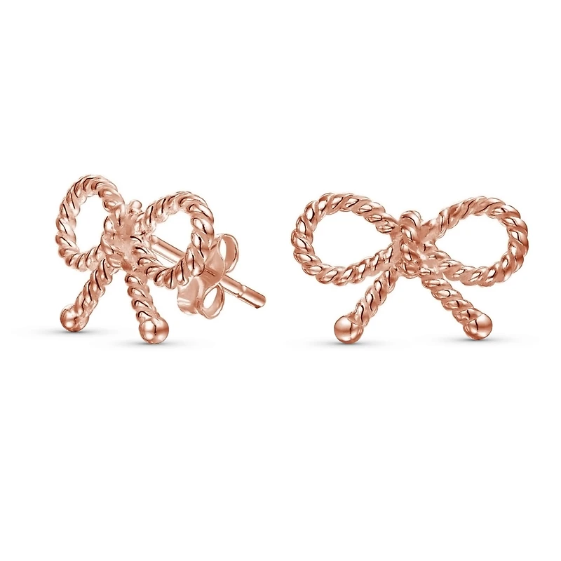 Bling Jewelry Simple Dainty Thin Twist Rope Cable Ribbon Bow Stud Earrings Rose Gold Plated .925 Sterling Silver