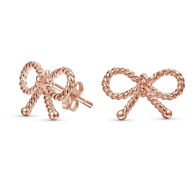 Bling Jewelry Simple Dainty Thin Twist Rope Cable Ribbon Bow Stud Earrings Rose Gold Plated .925 Sterling Silver
