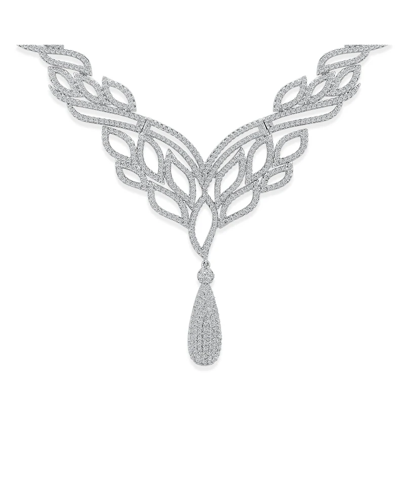 Bling Jewelry Art Deco-Inspired Leaf Statement Collar Necklace With Cleavage Dangling Teardrop Micro Pave Cubic Zirconia Cz