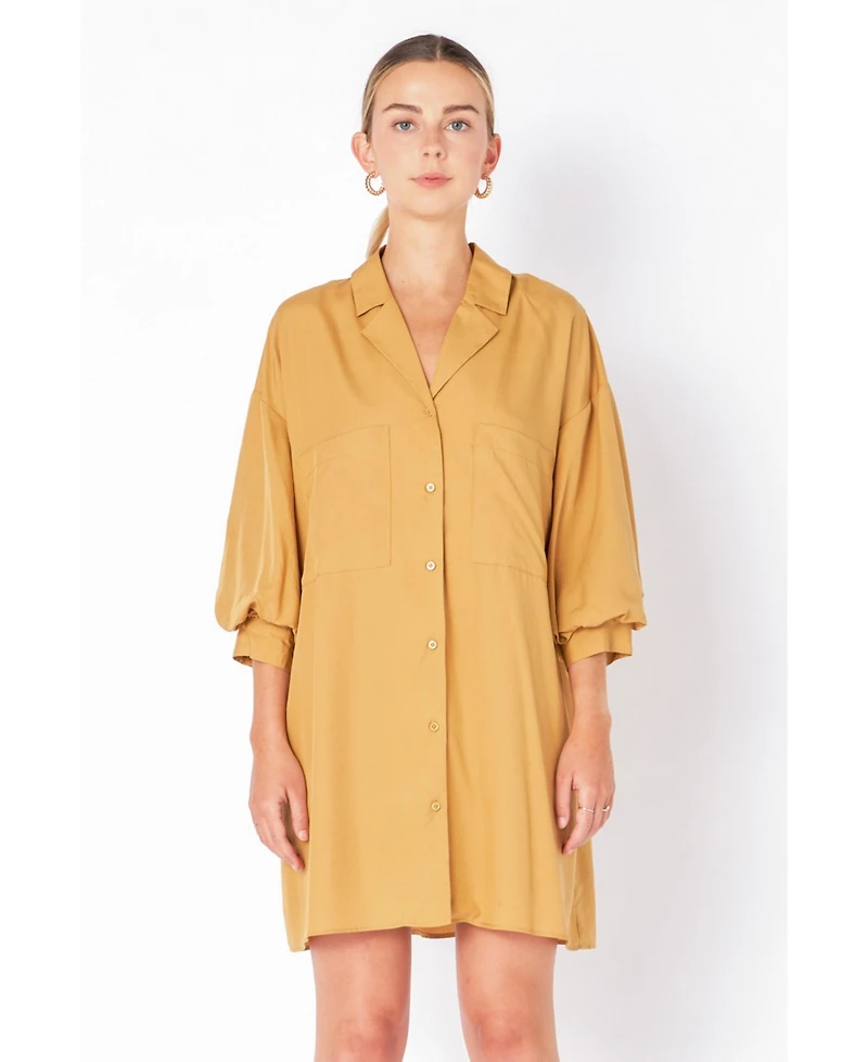 endless rose Women's Blouson Sleeve Belted Shirt Dress