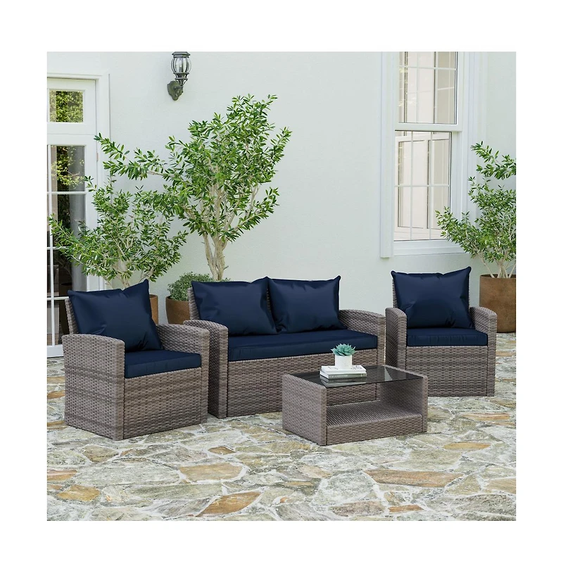 Atlas 4 Piece Patio Set Contemporary Loveseat, 2 Chair And Coffee Table Set With Back Pillows And Seat Cushions