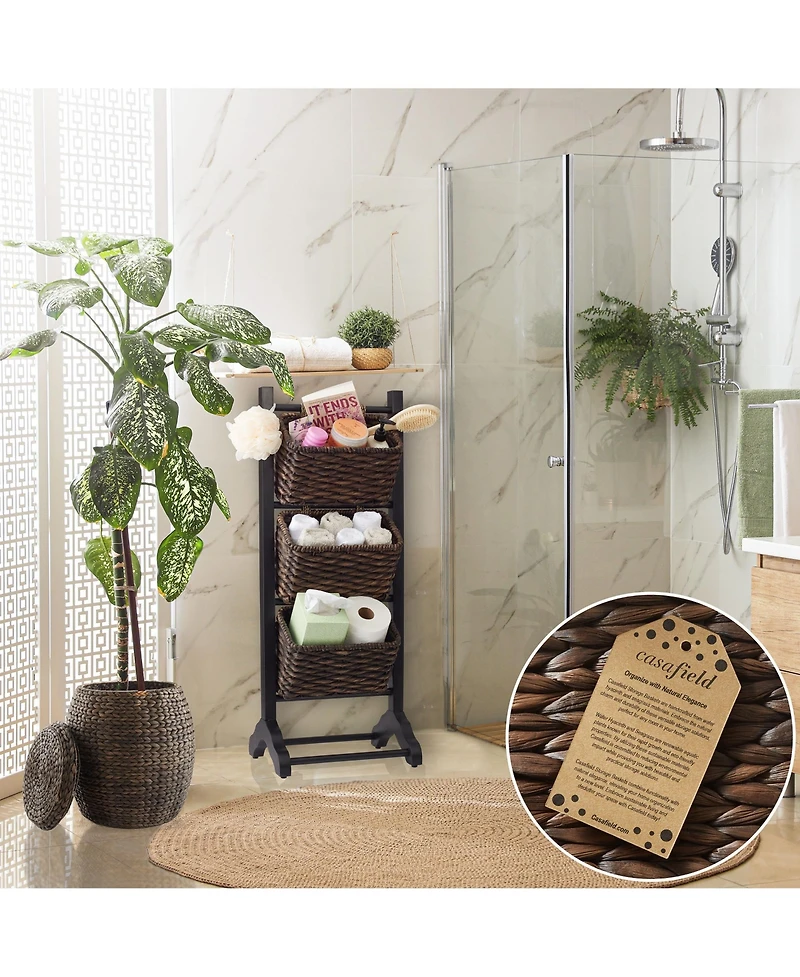 Casafield 3-Tier Floor Stand Rack with Hanging Storage Baskets, Walnut/Espresso - Wood Tower Organizer for Bathroom, Kitchen, Laundry, Living Room