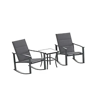 Brevyn 3 Piece Outdoor Bistro Set With Flex Comfort Rocking Chairs And Steel Framed Glass Top Table