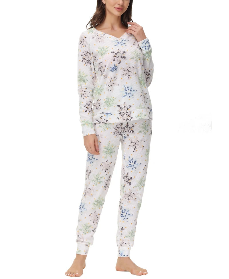 Ink+Ivy Women's Printed Microfleece V-neck Long Sleeve Top with Jogger 2 Pc Pajama Set