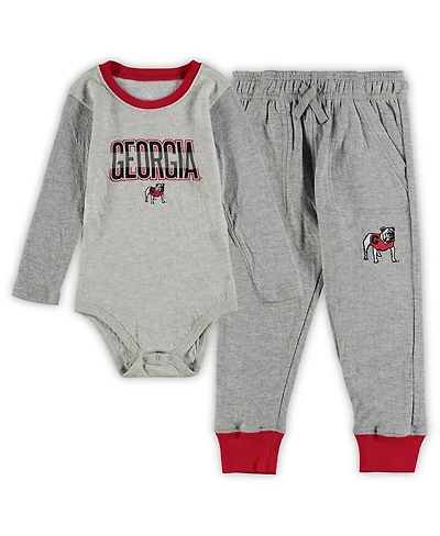 Infant Boys and Girls Wes & Willy Heathered Gray, Red Georgia Bulldogs Jie Long Sleeve Bodysuit Pants Set